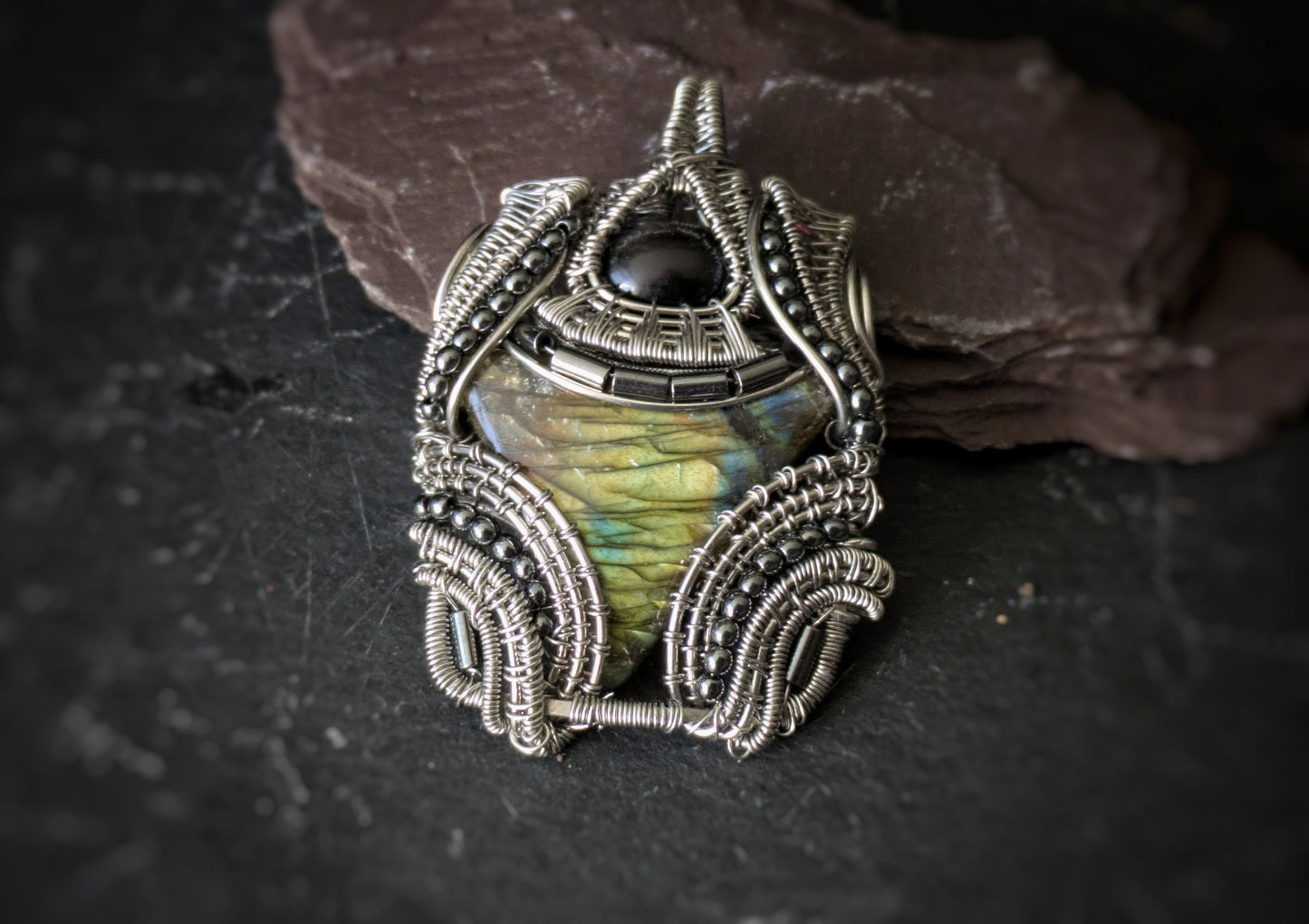 Labradorite And Silver Obsidian Pendant 4