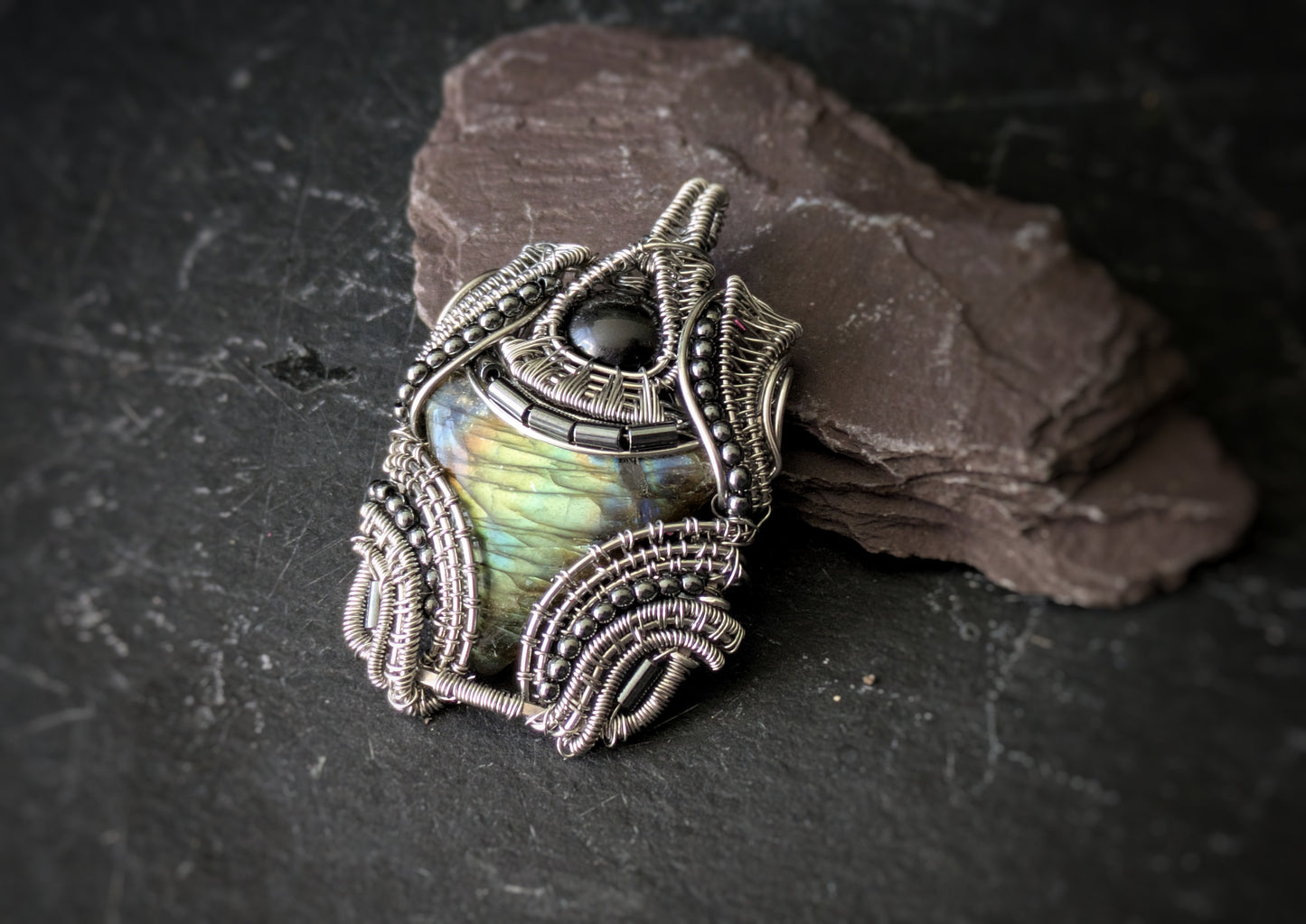 Labradorite And Silver Obsidian Pendant 4