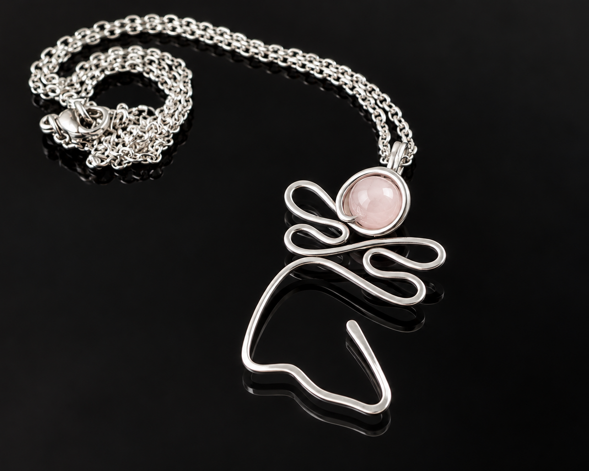 Rose Quartz Angel Pendant handmade by Bohemian Lace Boutique