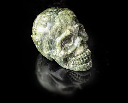 Green Serpentine  Skull Carving