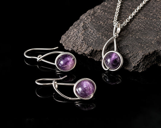 Amethyst jewelry set 47 with hook earrings and pendant handcrafted by Bohemian Lace Boutique