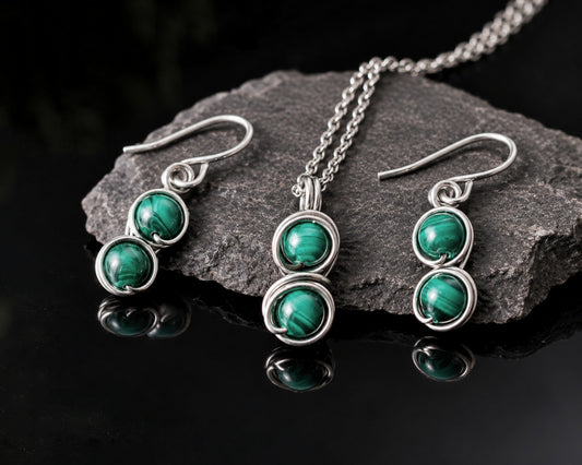 Malachite jewelry set with dangle earrings and pendant handcrafted by Bohemian Lace Boutique